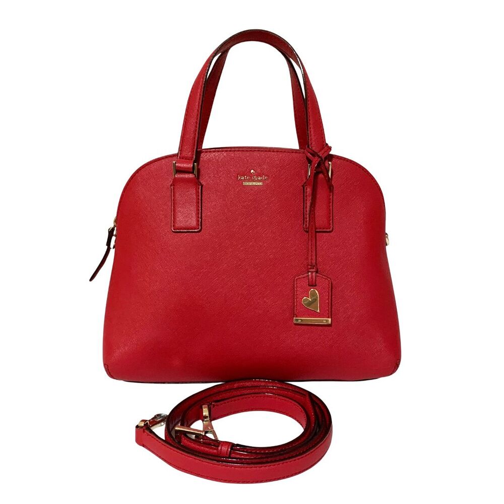 Kate Spade Red Saffiano Leather Satchel Crossbody Bag Gold Heart Charm